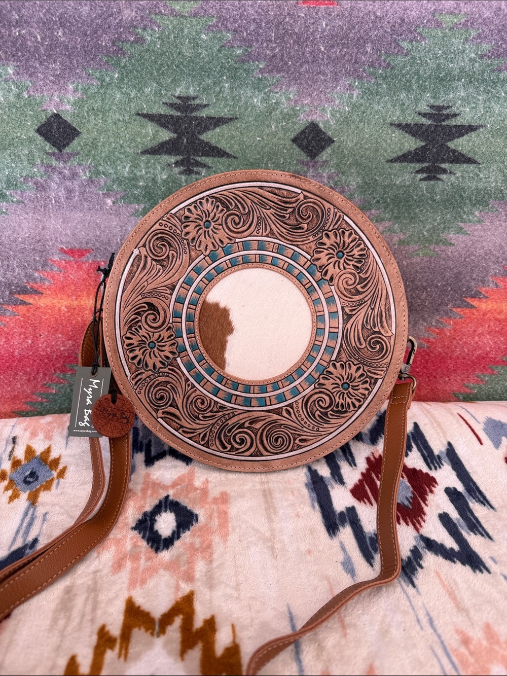 Myra Bag Brown Tan Turquoise Round Crossbody